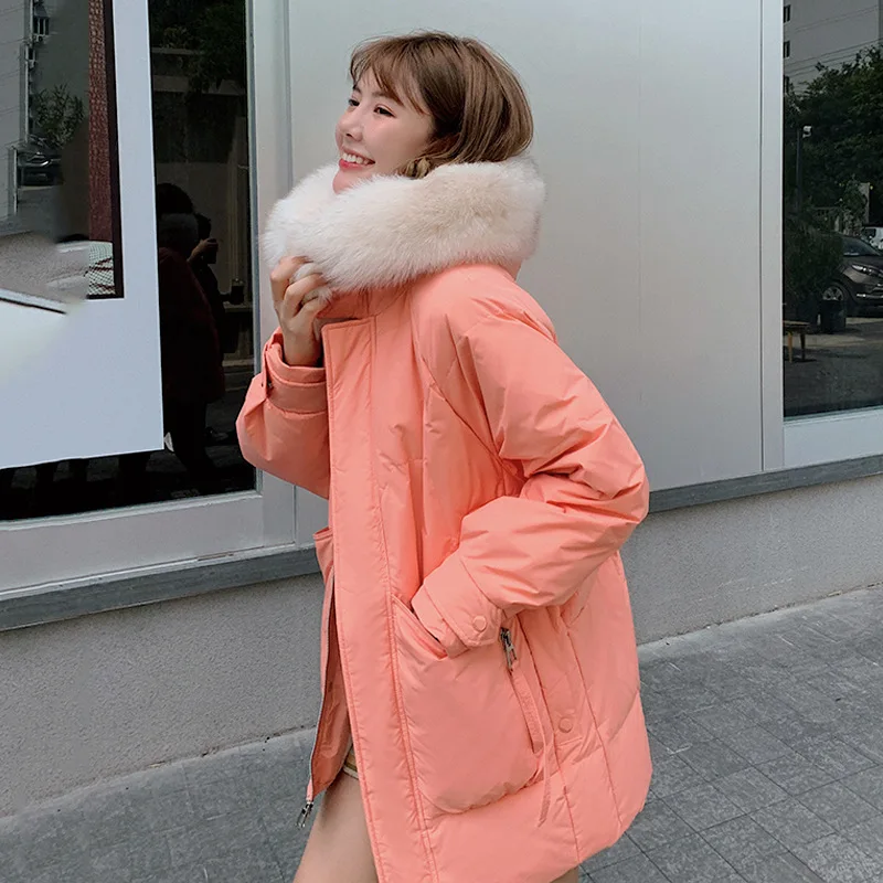 

White Duck Down Jacket Women Thickened Winter Medium Long Fox Fur Collar Chic Fashion Hooded Warm Coat 2020 New