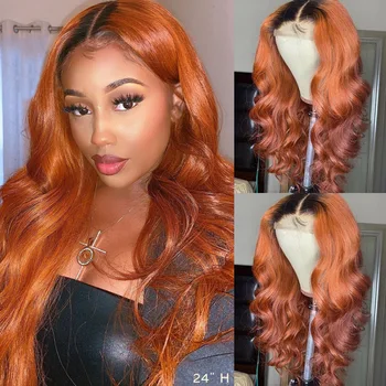 

Ombre 1B Orange Lace Front Human Hair Wigs Pre Plucked Colored Ginger Orange 13X4 Lace Wig 180% Brazilian Remy Wavy Hair Wig