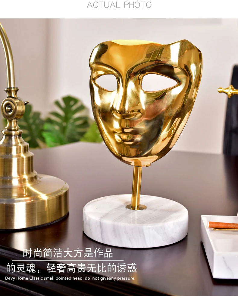 Modern Home Decor Mysterious Golden Metal Copper Mask Statues Marble Base Decorations Home Accessories Gifts Marble Sculpture