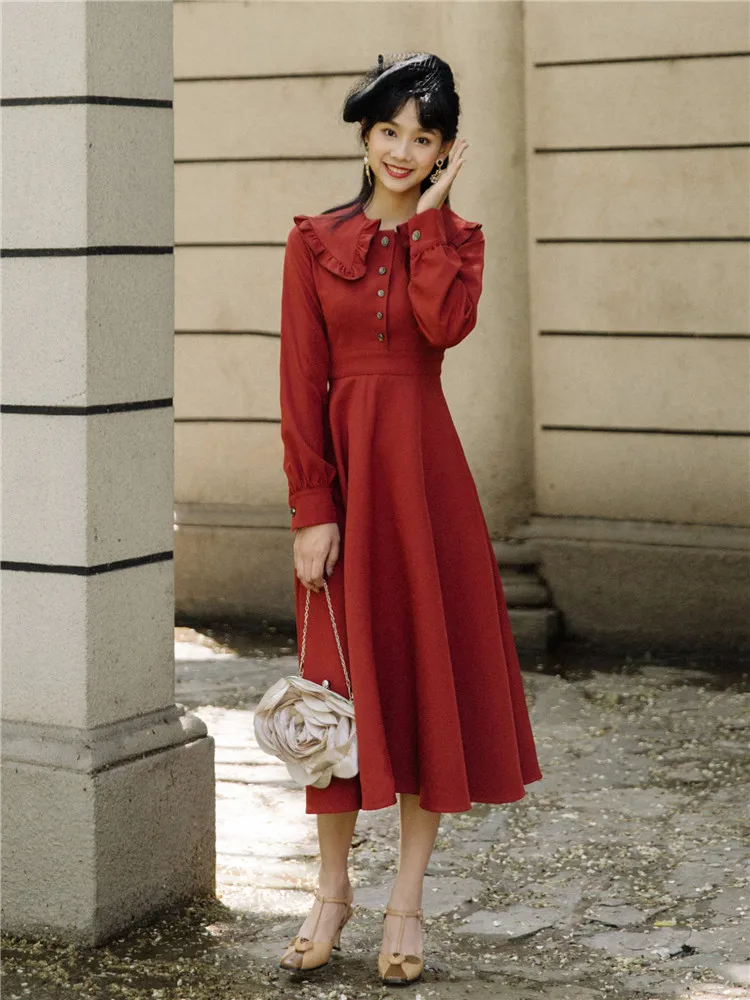 Осеннее тонкое женское платье с длинными рукавами в Корейском стиле, винтажный воротник Питер Пэн, офисный официальный для женщин Vestidos Faldas