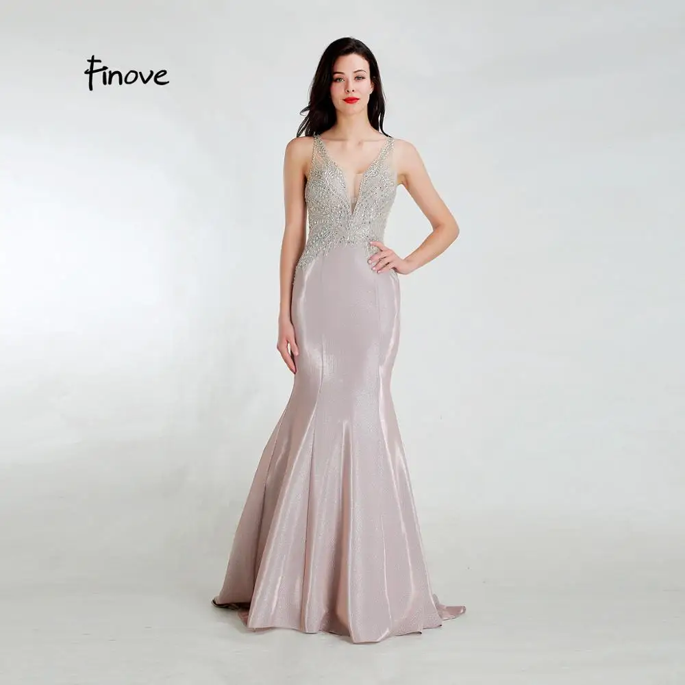 Finove Prom Dresses Sexy V Neck Reflective Dress Beading Crystal Sequin Long Length Mermaid In Women' Dresses Plus Size