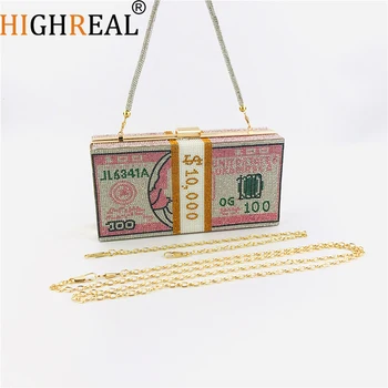 

HIGHREAL Stack of Cash Women Diamond Money Dinner Purses Handbags Evening Clutch Bags Chain Luxury Wedding Flaps Totes