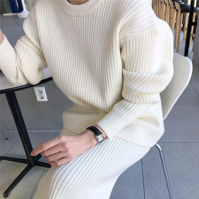 Oversized Pullovers Korean Chic French Round Neck Pit Strip Loose Long Sleeve Sweater High Waist Wrap Hip Skirt Suit Women | Женская