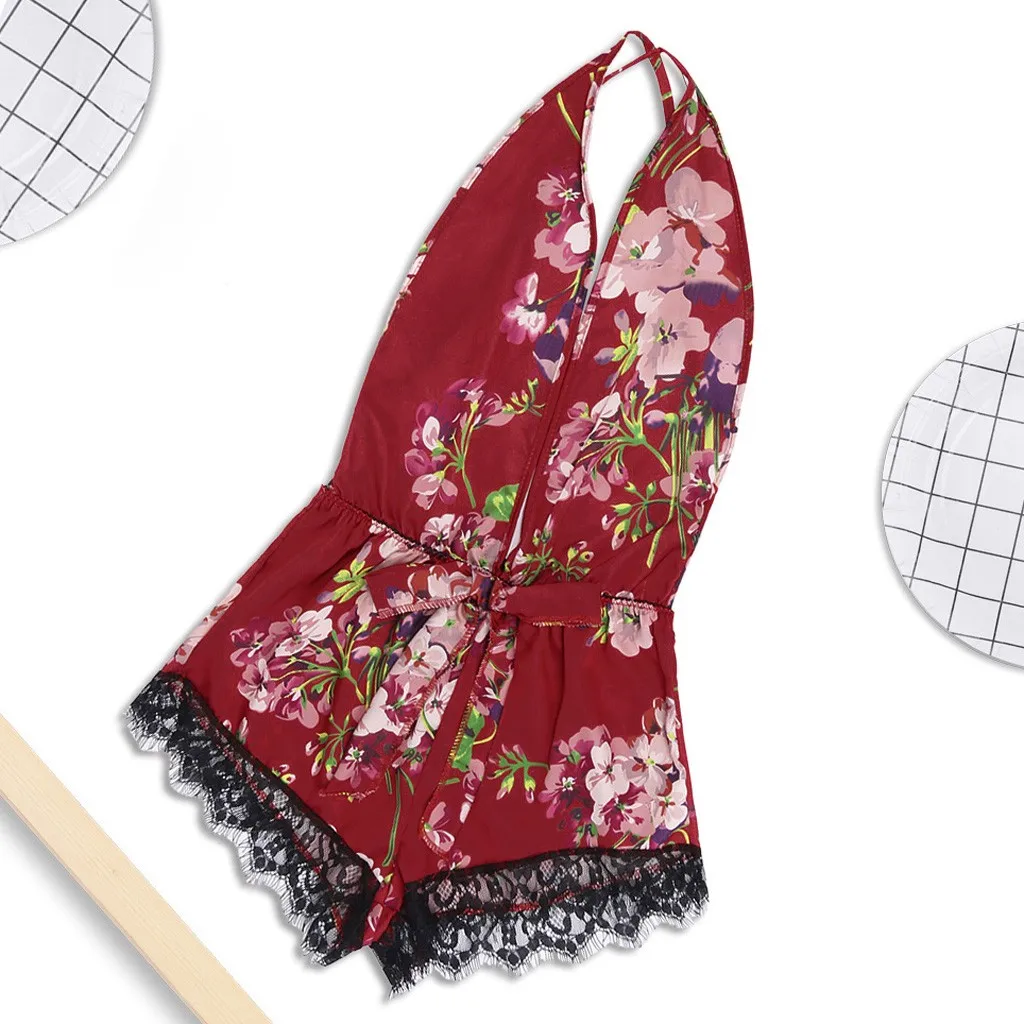 

New Sexy Female Lace Satin Floral Teddy Bodysuit Deep V-neck Flower Sleeveless Cross Strap Backless Lingerie Sleepwear Jumpsuit