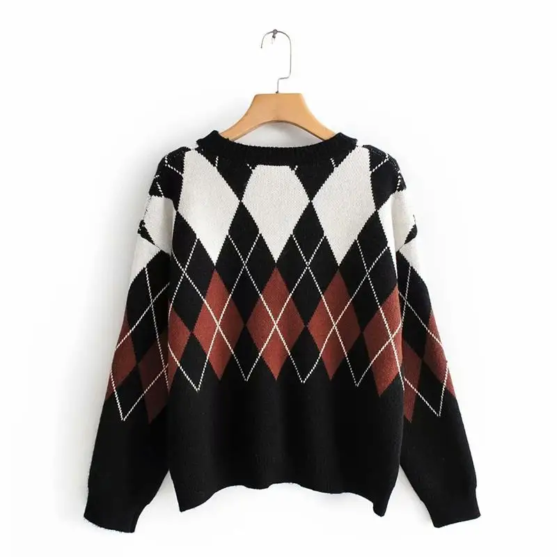 Осенний однобортный женский вязаный свитер с длинными рукавами и v-образным вырезом, геометрический цвет, женский свитер Harajuku Wind