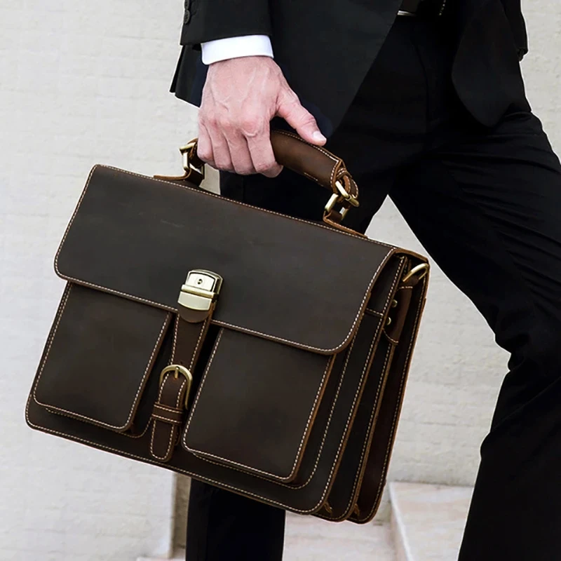 Maletín de negocios para hombre Luufan, de cuero genuino, para portátil de 15 pulgadas, bolso bandolera de piel de vaca, bolso para ordenador portátil para hombre, bolso tote.