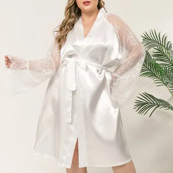 

Faux Silk Sexy Lingerie Robes Women Lace Pathwork Long Sleeve Nightdress Bathrobe Sexy Sleepwear Nightie Femme Home Clothes 4XL