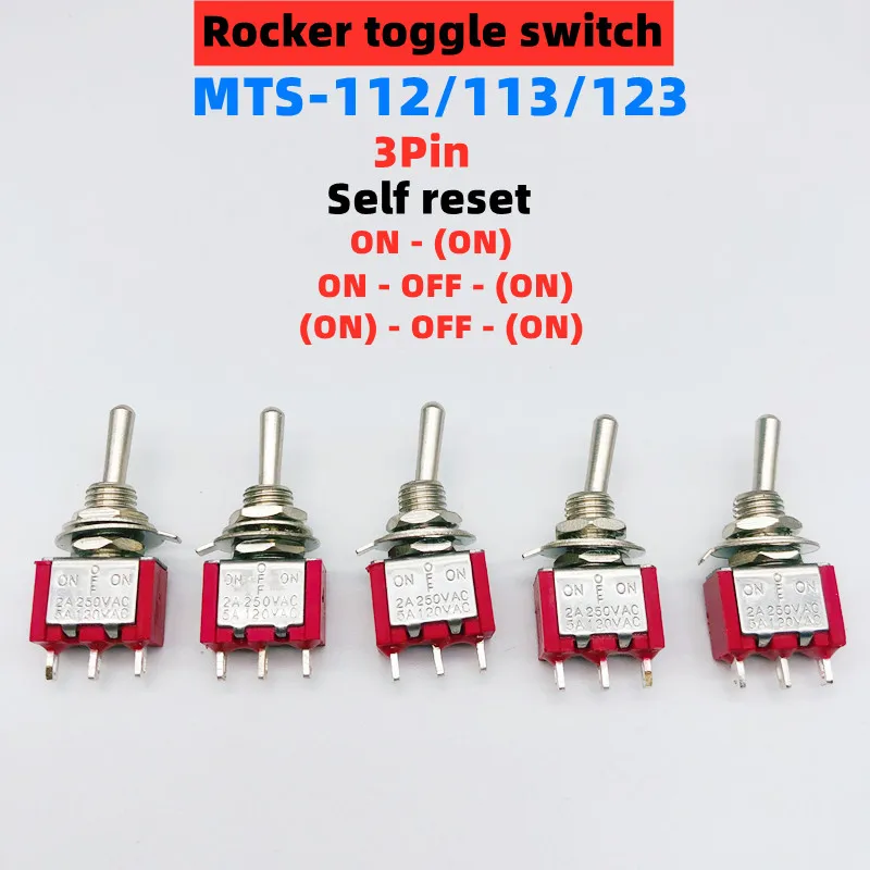 1/5pcs red mini 3pin 6mm 2/3 position self-resetting toggle switches ON-(ON)DPDT mini toggle switches 6A/125V 3A/250V AC MTS-112
