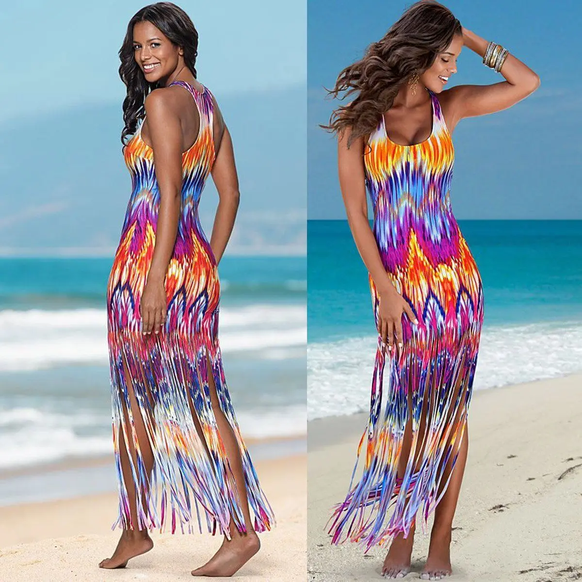 

2021 Sleeveless Colorful Print Bodycon Long Dress Women New Fashion Streetwear Party Elegant Printed Tassel Suspender Sexy Dress