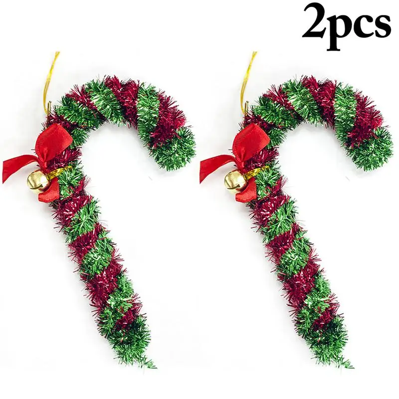 

2PCS Christmas Hanging Ornament Tinsel Cute Candy Cane Christmas Tree Ornament Crutches Bell Decoration Pendant For Festival