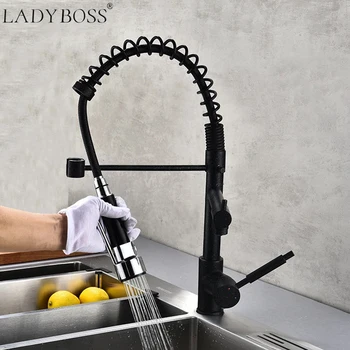 

LADYBOSS Modern Health Pull Out Spring 2 Way Tap Brass Water Tap Grifo Kran Deck Mounting Sink Black Two Hole Kitchen Faucet