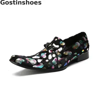 

Men Single Shoes Genuine Leather Printed Colorful Men Oxfords Pointed Toe Slip-on Low Heel Men Wedding Shoes Dress Formal