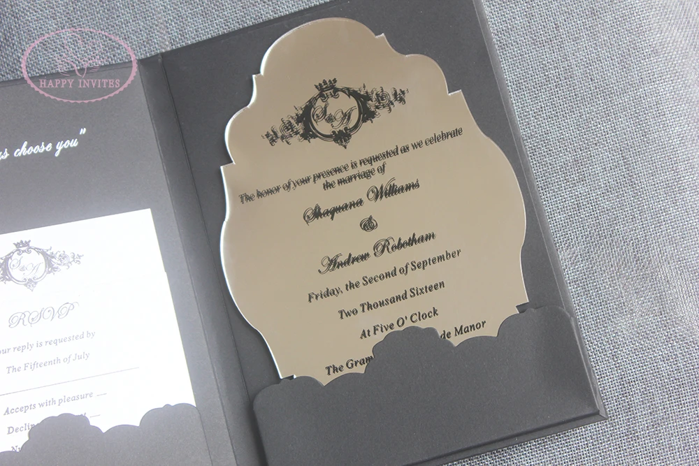 HI1156-07 Custom Black & White Hardcover  Wedding Card with Silver Foil and Acrylic Invitation with Black Letters Made in China