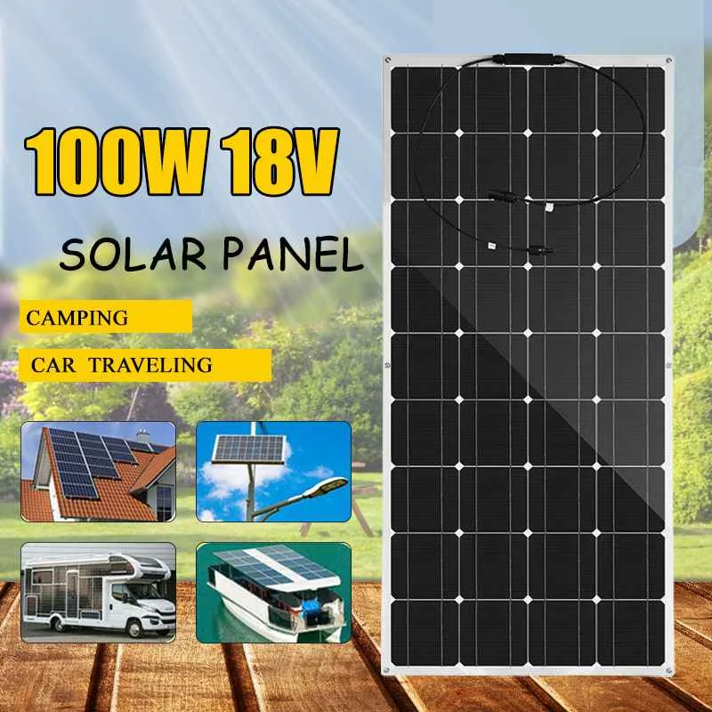 

100W Flexible Solar Panel 18V Solar Cell Module Cable Car for RV Boat Home Roof Camping SUV 18V Monocrystalline Solar Charger