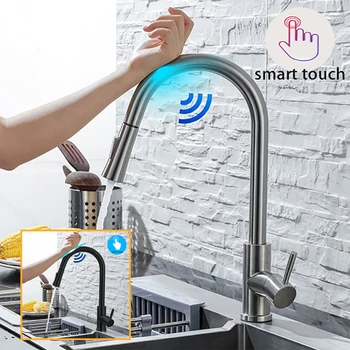 DQOK ก๊อกน้ําห้องครัวดึง Brushed Nickle Sensor สแตนเลสสีดําสมาร์ท Induction Mixed Tap Touch Control Sink Tap 1
