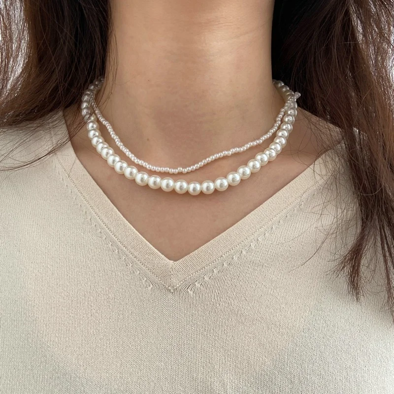 

2024cute Woman Necklace Gold Jeweler Gothic Twin Double-Layer Pearl Necklace Retro Clavicle Chain Korean Fashion Collar Joyero