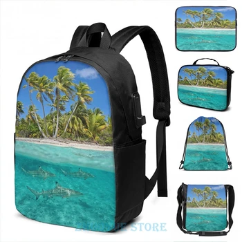 

Over and under the sea tropical shore with sharks USB Charge Backpack men School bags Women bag Travel laptop bag