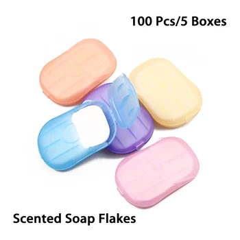 

Hot Sale 100 Pcs/5 Boxes Portable Scented Soap Flakes Travel Convenient Foaming Washing Hand Paper Home Bath Slice Sheets