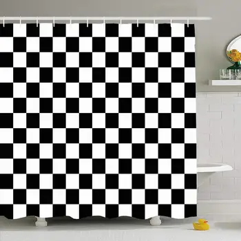 

Shower Curtain Set with Hooks 72x78 Checkered Board Textures Chess Design Square Surface Black Isolated Abstract Battle Mosaic