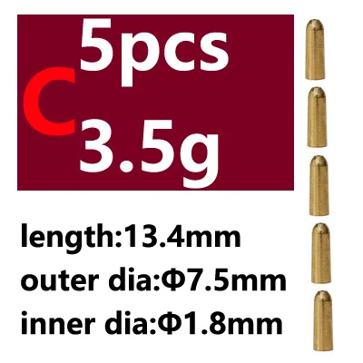 5pcs C type 3.5g 5pcs Saltwater Fishing Bullet Shape Copper Weights Metal Jig Head Deep Water Sinkers For Hook Lure Texas Rig Tackle Accessories - Цвет: 5pcs C type 3.5g