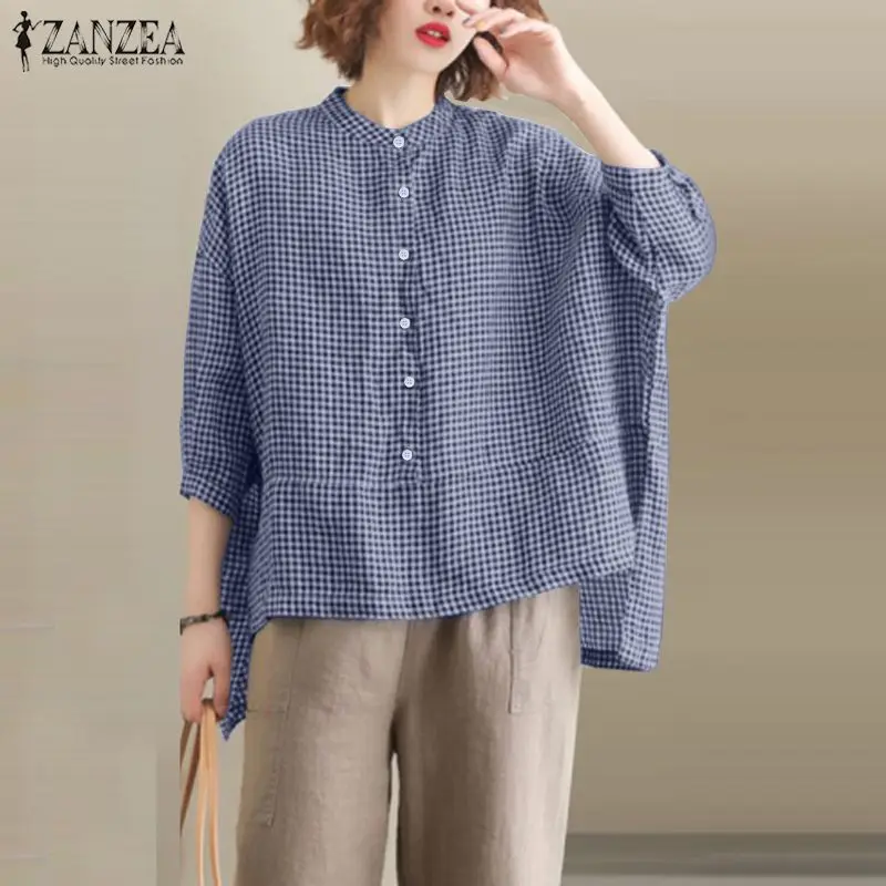 

Fashion Check Shirt Women's Asymmetrical Blouse 2020 ZANZEA Casual 3/4 Sleeve Shirts Female Summer Tops Tunic Oversized 5XL