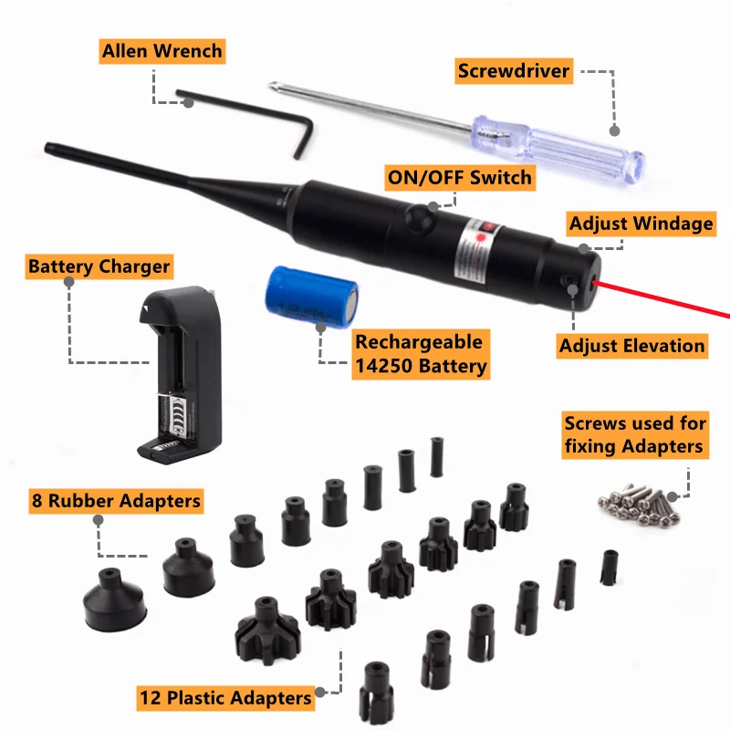 Laser Bore Sight Kit.177 .22 Caliber to.78 12GA Caliber Laser Pointer Collimator Universal Bore Sighter,laser pointer,laser bore sight,laser sight,red dot laser sight