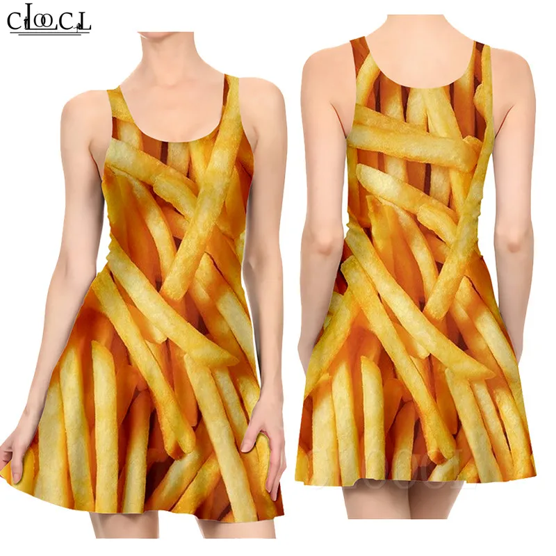 Slim Dress Women Fashion Party Dresses 3D Printed French Fries Pattern Sexy Girl Beach Pleated Summer Beach Dresses robe femme (4)