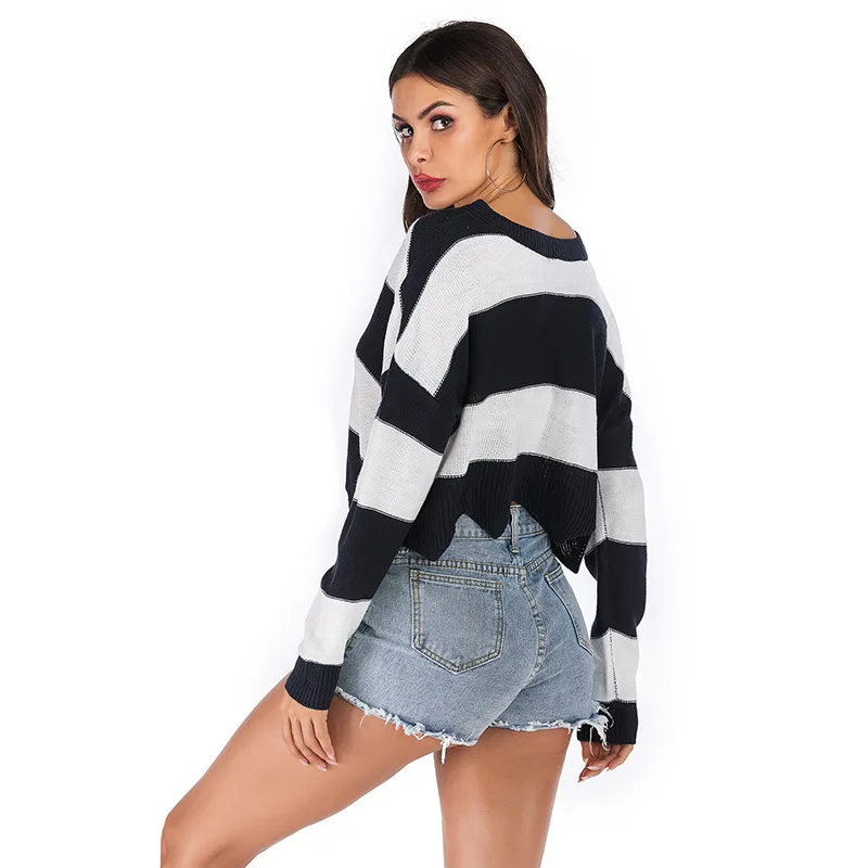 Autumn 2019 new sweater women's European and American wave edge V-neck stripe loose open navel knitwear women Short sweater Autumn 2019 new sweater women's European and American wave edge V-neck stripe loose open navel knitwear women Short sweater