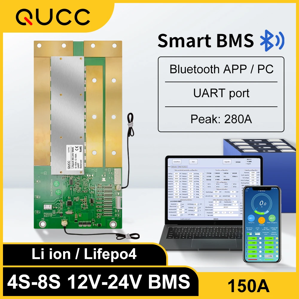 Инвертор QUCC Smart BMS 4S защитная плата аккумулятора 3 7 в 2 150 А 12 В 24 Bluetooth bms |