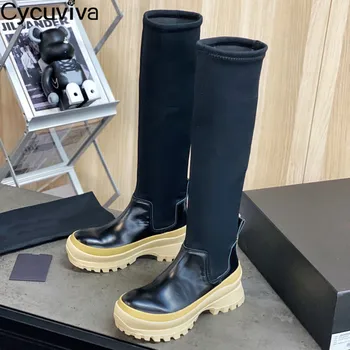 

Sexy Slim Fit Leather Knee High Boots Women Platform Chelsea Boots 2021 Autumn Winter Ladies Shoes Thick Sole Long Boots Woman