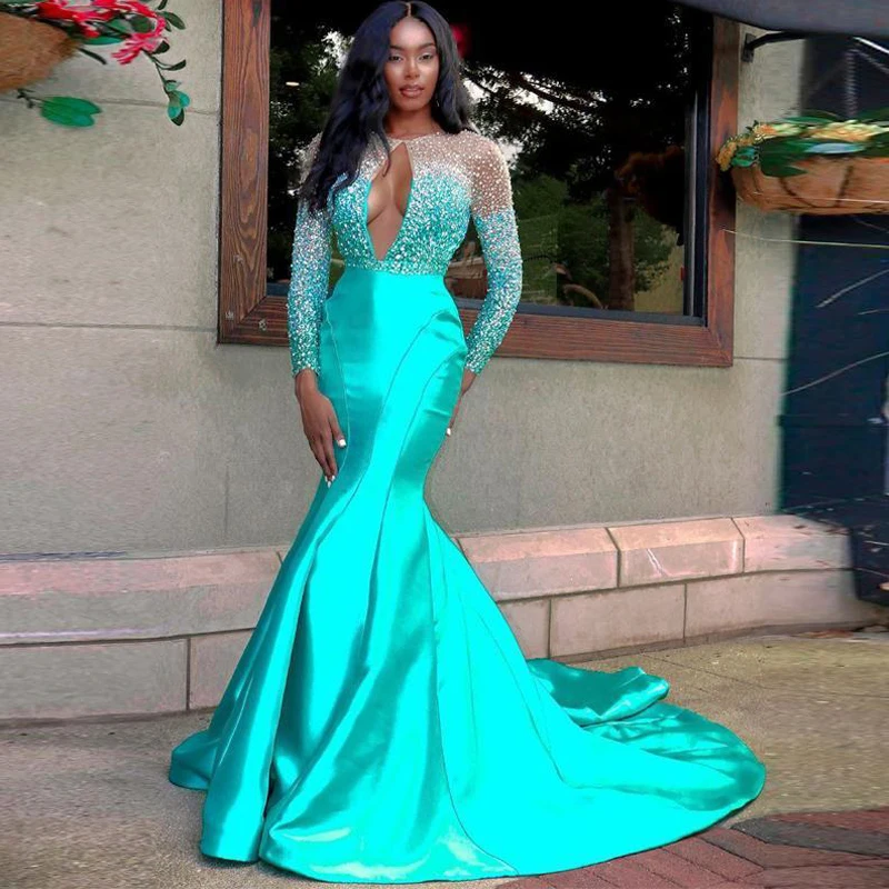 

Eightree Sequined Evening Dresses Long Sleeves Open Bust Satin Mermaid Prom Dress Backless sukienki Party Gowns Arabic Aso Ebi