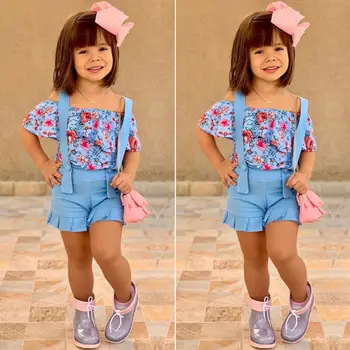 

2019 Toddler Infant Baby Girl clothes Short Sleeve Ruffle Tops Overall Floral Short girls clothing set costume kids