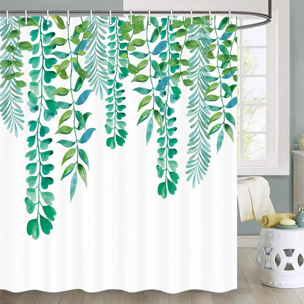 Green Plant Shower Curtain, Green Eucalyptus Watercolor Floral