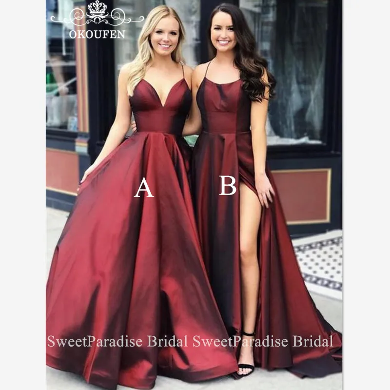 

Burgundy Satin Bridesmaid Dresses Spaghetti Strap Long Vestido Madrinha Long Maid Of Honor Wedding Guest Dress For Women
