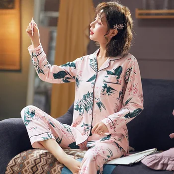 

2019 Autumn Long Sleeve 100% Cotton Pajama Sets for Women Floral Print Sleepwear Pyjama Homewear Loungewear Pijama Mujer Clothes