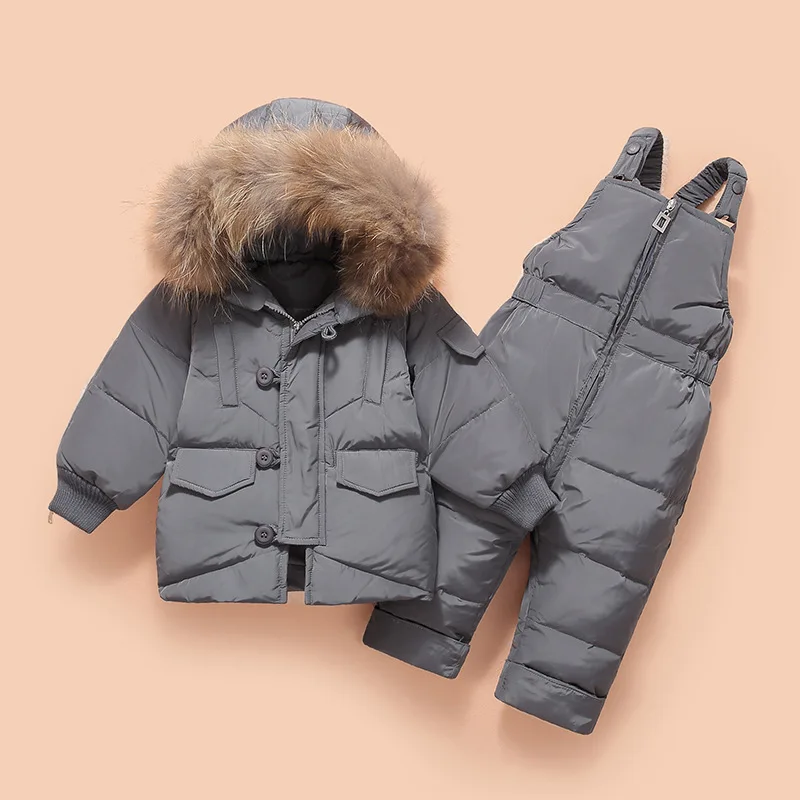 Зимний Детский пуховик комплекты одежды для детей плотные теплые пуховые пальто для маленьких мальчиков и девочек + комбинезон, зимний