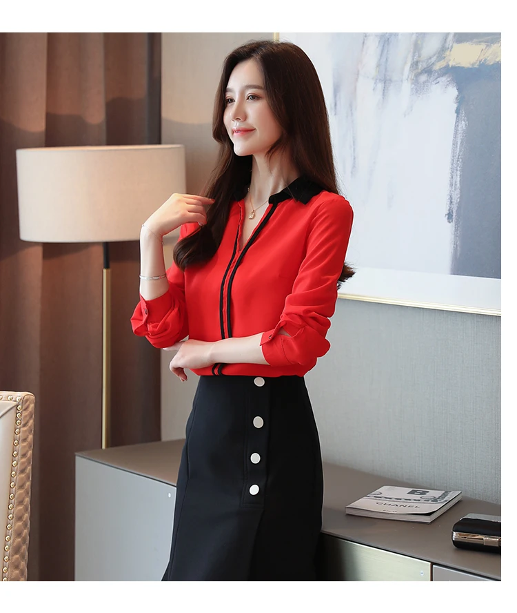 Blusas mujer de moda, шифоновая блузка, рубашка, женские топы, с длинным рукавом, одноцветные, на пуговицах, женские топы, с v-образным вырезом, рубашки для женщин 6097 50