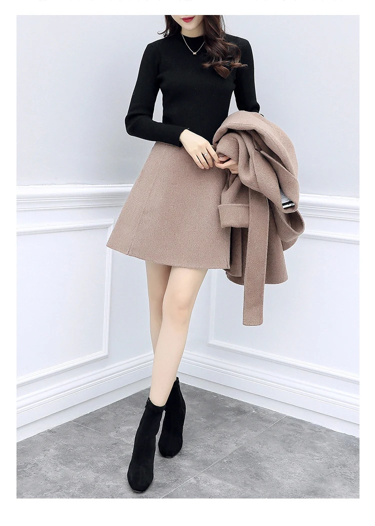 JuneLove женский зимний двухсекционный комплект юбка винтажное шерстяное пальто повседневный модный костюм Женская юбка шерстяной костюм пояс верхняя одежда низ