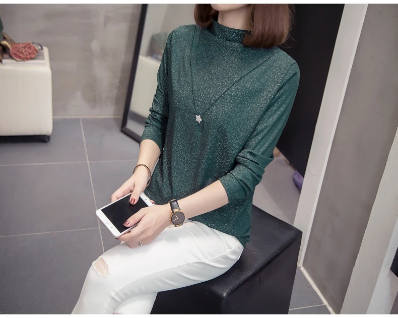 Plus Size Bright Silk Tops Tee Shirts Women 2020 Autumn Trendy Turtleneck Long Sleeve Office Lady Basic T-shirts Oversize Tshirt