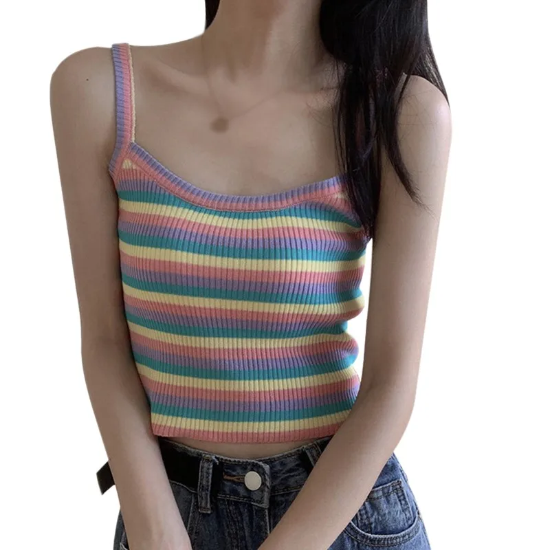 Summer Women's Rainbow Color Tank Top Sexy Square Collar Solid Sleeveless Camis Pullover Knitted Vest nude camisole