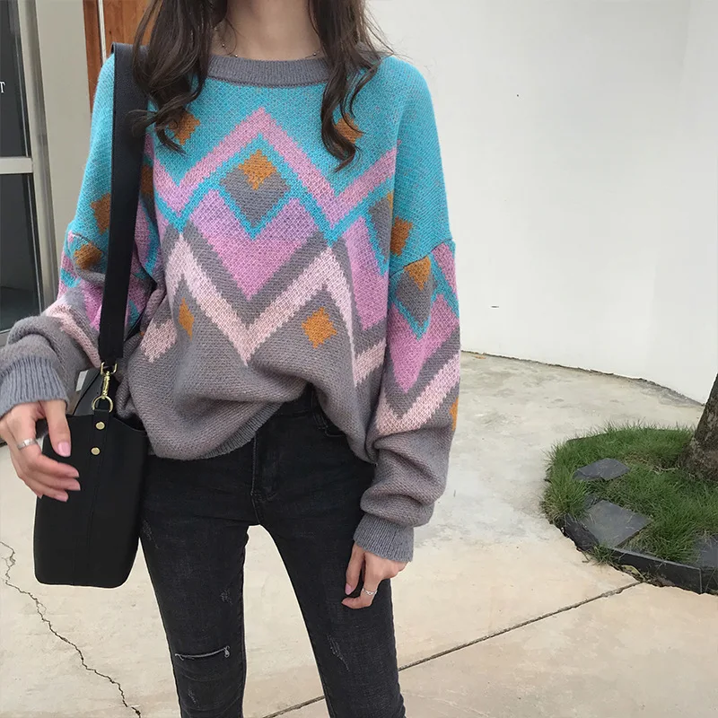 

2018 Autumn New Style Hong Kong Flavor Retro Color Matching Rhombus Sub-Sweater Women's Loose-Fit Laziness-Style Sweater CHIC To