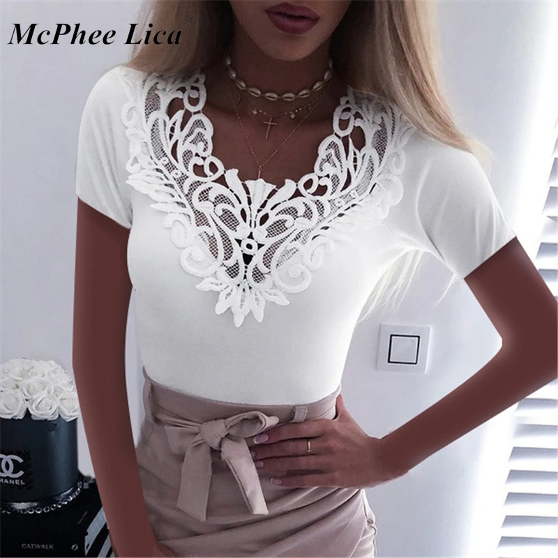 New Women Slim Tunic Lace V Neck Blouse 2020 Sexy Elegant Summer Short Sleeve Tops Flower Plus Size S-5XL | Женская одежда