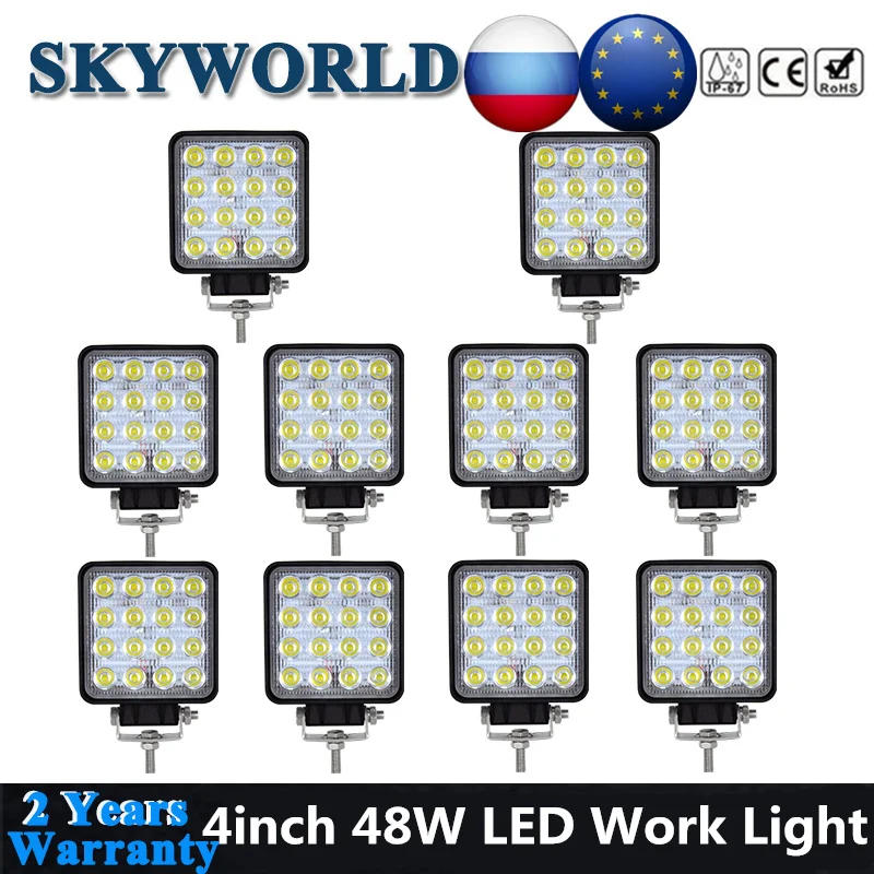 10pcs/Lot 48W 4inch Square Spot Flood Beam LED Work Light 12V 24V Driving LED Light Bar Offroad For Car Truck Boat 4x4 Trailer