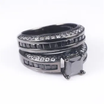

Luxury Square Princess-cut Black topaz Rings finger Set 2-in-1 Engagement Wedding Rings For Women 10KT black gold Jewelry