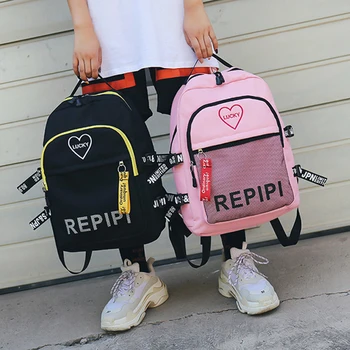 

Ulzzang Mesh Design Women Travel Backpacks Harajuku Large Capacity Schoolbags For Teenage Girls Embroidery Women School Bookbags