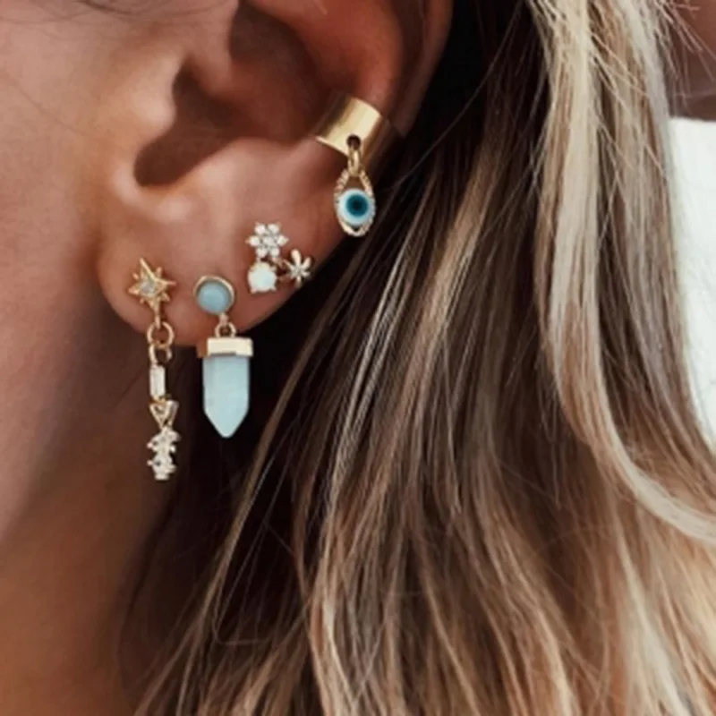 

KMVEXO Bohemian Stars Moon Flower Eyes Stud Earrings Set for Women Opal Crystal Geometric Ear Studs Cuff Earring Fashion Jewelry