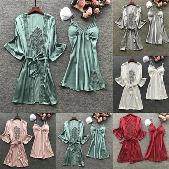 

2020 Women Robes Gown Set Polyester Satin Pajamas Embroidery Hollow Out Ladies Sexy Home Wear Night Dresses With Chest Pads 2Pcs