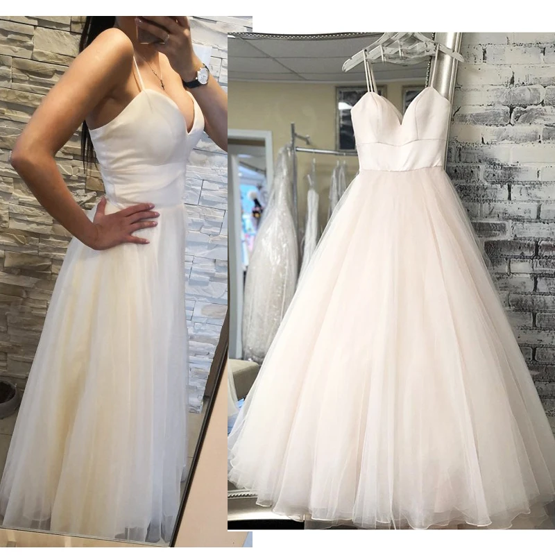 

2019 Spaghetti Strap Beach Wedding Dresses Vestido Noiva Praia Simple White Ivory Tulle Casamento Bridal Gown Custom Made