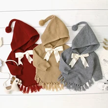 Chaqueta con capucha de punto niñas recién nacidas, chaqueta con flecos con lazo, prendas de vestir capa con lazo