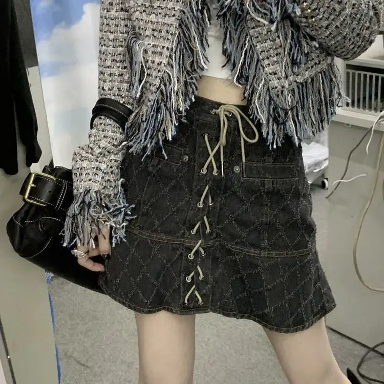 

Denim Skirt A-Line Ruffles Lace-Up Dark Grey Washed Diamond Strap 2021 Spring New Design Niche All-Match Thin